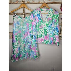 Vintage Pastel Pink/Green/Blue 100% Silk Blazer and flowy skirt Size 14